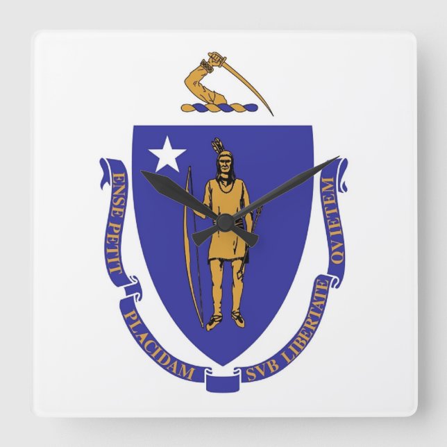 Relógio Quadrado Wall Clock com Flag de Massachusetts, EUA (Frente)