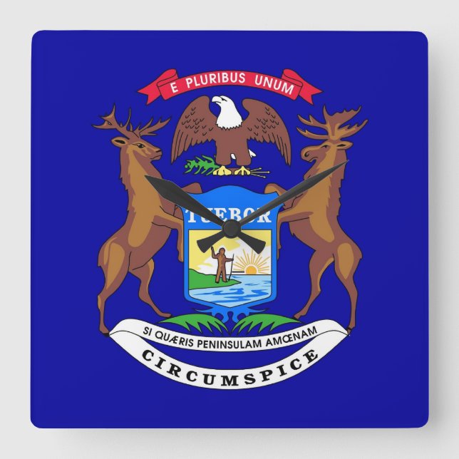 Relógio Quadrado Wall Clock com Flag de Michigan, EUA (Frente)