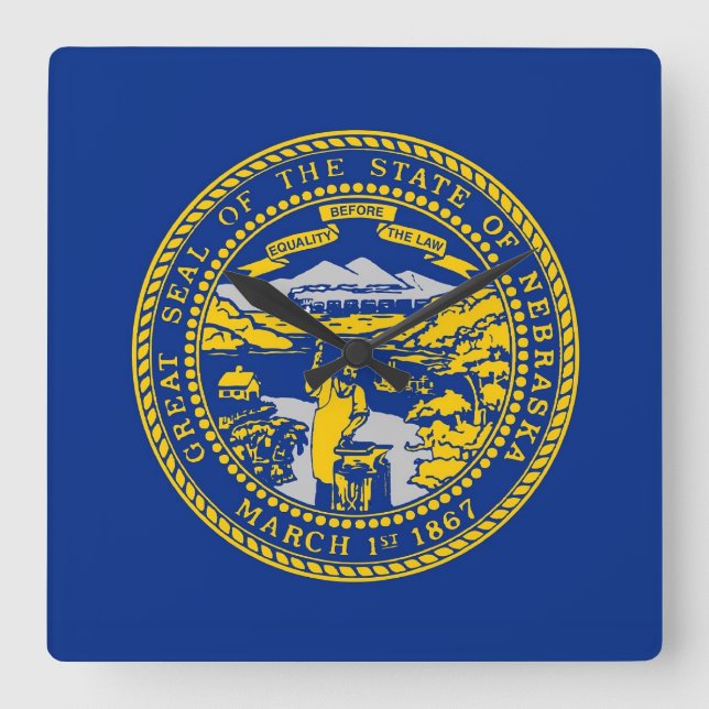 Relógio Quadrado Wall Clock com Flag de Nebraska, EUA (Frente)