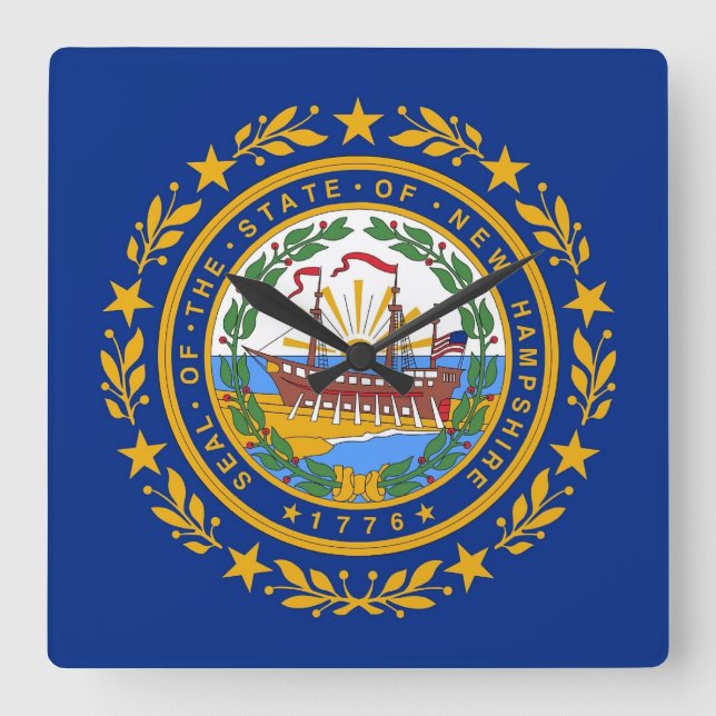 Relógio Quadrado Wall Clock com Flag de New Hampshire, EUA (Frente)