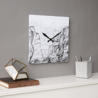 Relógio Quadrado Wall Clock with canyon sketched in black and white