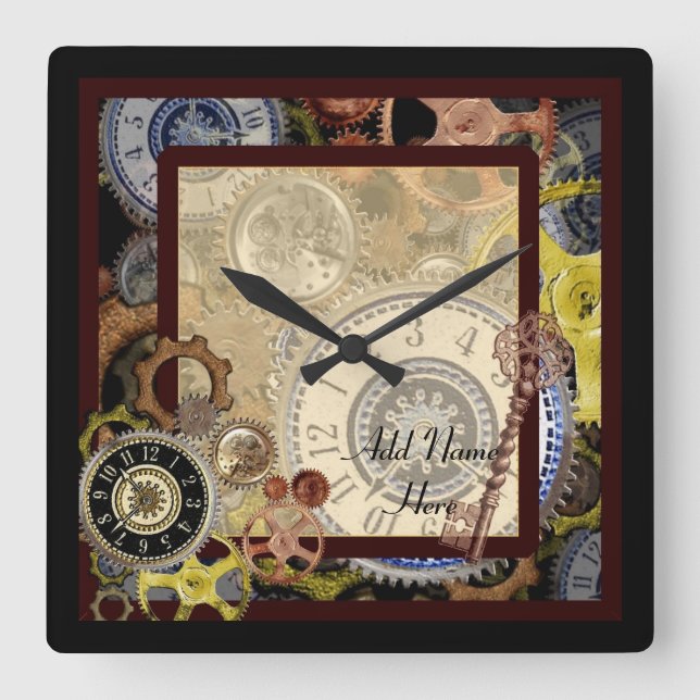 Relógio Quadrado Wallclock Steampunk - adicionar nome personalizado (Frente)