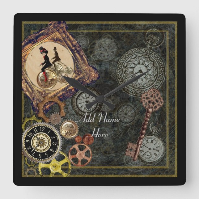 Relógio Quadrado Wallclock Steampunk - adicionar nome personalizado (Frente)