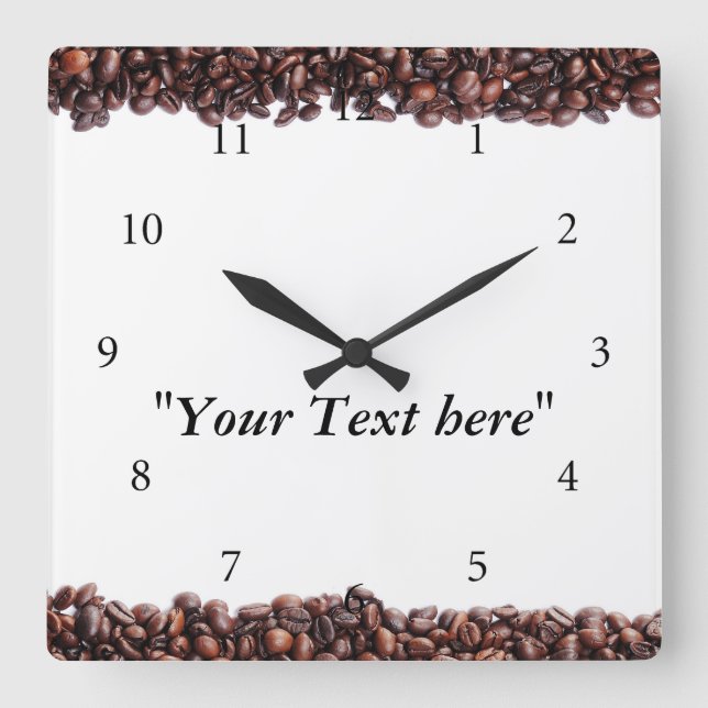 Relógio Quadrado Wanduhr com Kaffeebohnen motivo e Textfeld (Frente)