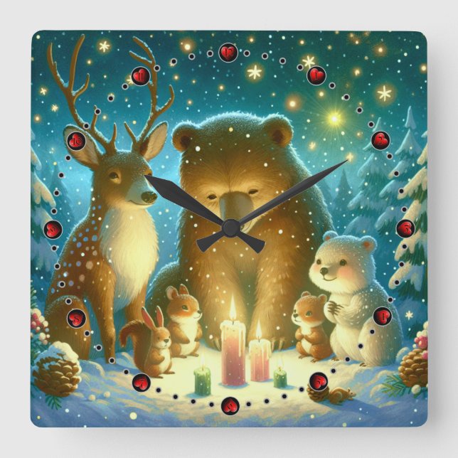 Relógio Quadrado Wanduhr Reh und Bärchen Weihnachten Christmas  (Frente)