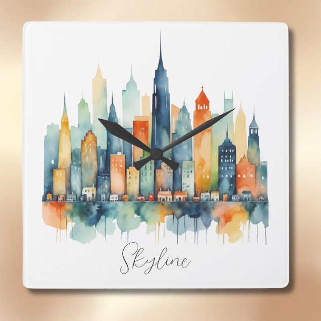 Relógio Quadrado Watercolor City Skyline Modern Legal Gráfico Urban (A wall clock with city skyline picture in a watercolor style, with customizable script text)