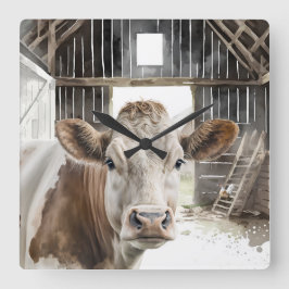 Relógio Quadrado Watercolor Hereford Cow Em Barn