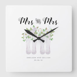 Relógio Quadrado Watercolor Mrs & Mrs Clock Wedding Anniversary