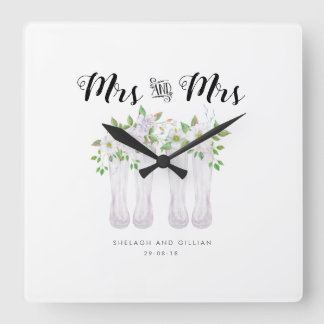 Relógio Quadrado Watercolor Mrs & Mrs Clock Wedding Anniversary