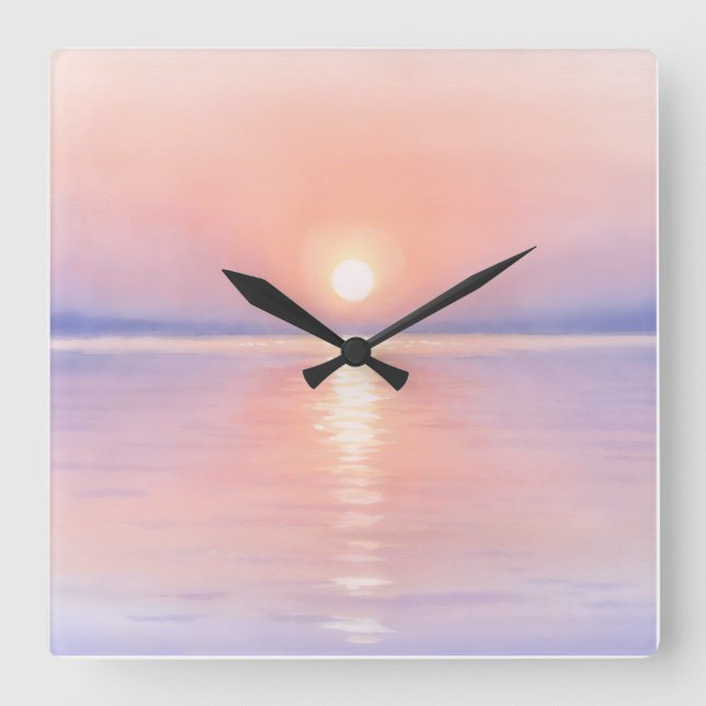 Relógio Quadrado Watercolor Style Sun - Seascape Art (Frente)