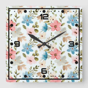 Relógio Quadrado Watercolor Wildflower Floral Pattern-67676