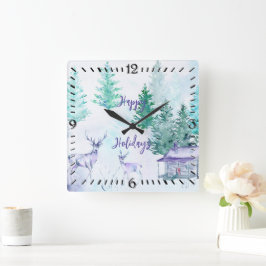 Relógio Quadrado Watercolor Winter Landscape Happy Holidays