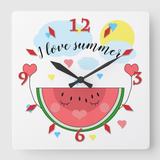 Relógio Quadrado Watermelon slice, text, "I love summer" Square Wal (Frente)
