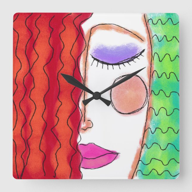 Relógio Quadrado Wavy Red Hair Abstract Art Square Wall Clock (Frente)