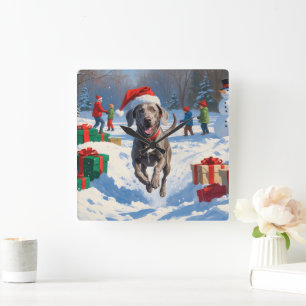 Relógio Quadrado Weimaraner Correndo na Neve com Chapéu de Natal