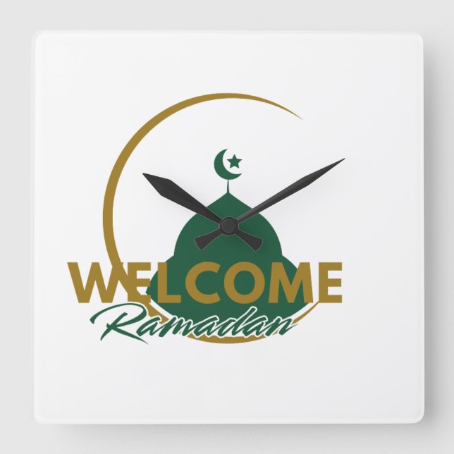 Relógio Quadrado Welcome Ramadan Wall Clock – Islamic Mosque Cresce (Frente)