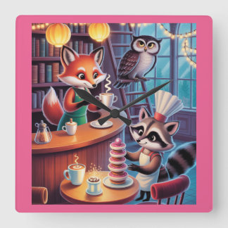 Relógio Quadrado Whimsical Forest Café - Cozy Animal Barista Vibes