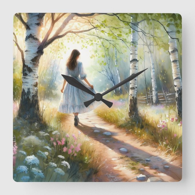 Relógio Quadrado Whimsical Girl Dancing Through Birch Forest (Frente)