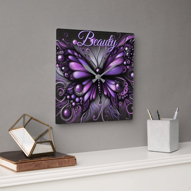 Relógio Quadrado Whimsical Gothic Butterfly Purple Personalized (Escritório)