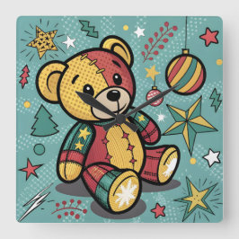 Relógio Quadrado Whimsical Patchwork Christmas Teddy Bear
