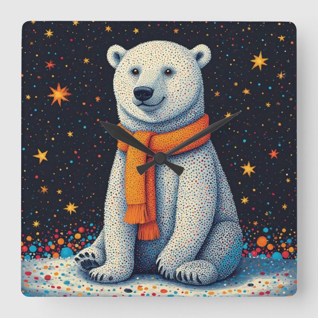 Relógio Quadrado Whimsical Polar Bear In Orange Scarf (Frente)