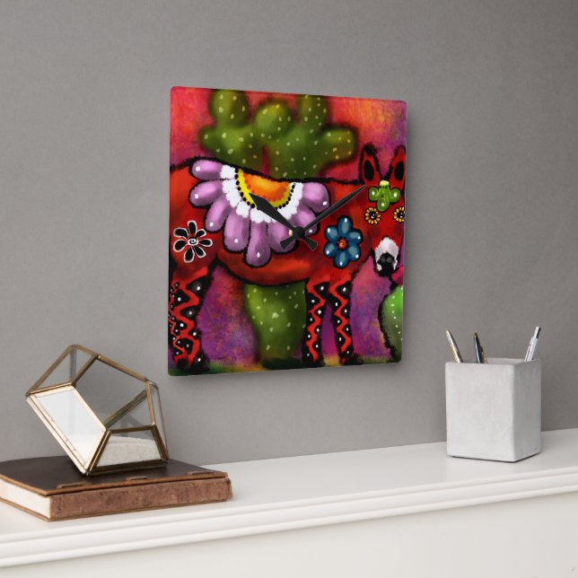 Relógio Quadrado Whimsical Southwest Floral Talavera-Style Donkey (Escritório)