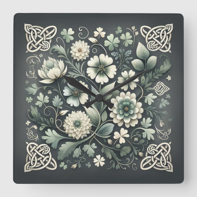 Relógio Quadrado Whispered Clover Knotwork Garden (Frente)