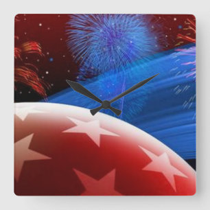 Relógio Quadrado White e Blue Stars Fireworks Wall Clock