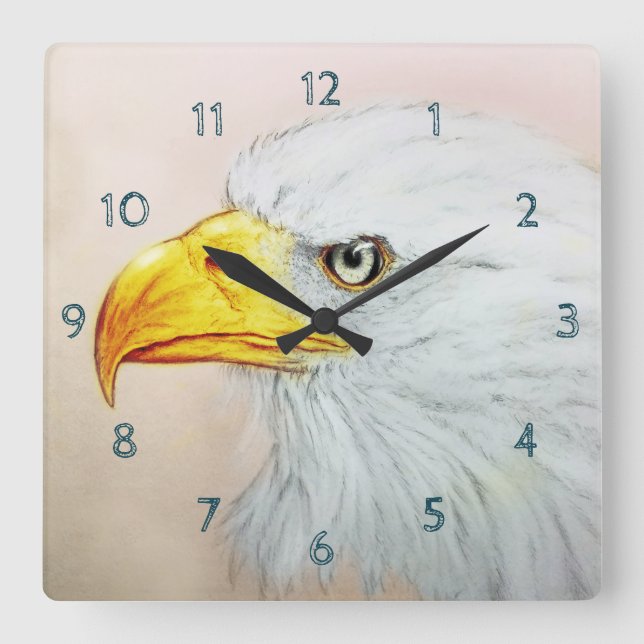 Relógio Quadrado White Eagle Square Clock, Bird Realistic Sketch (Frente)
