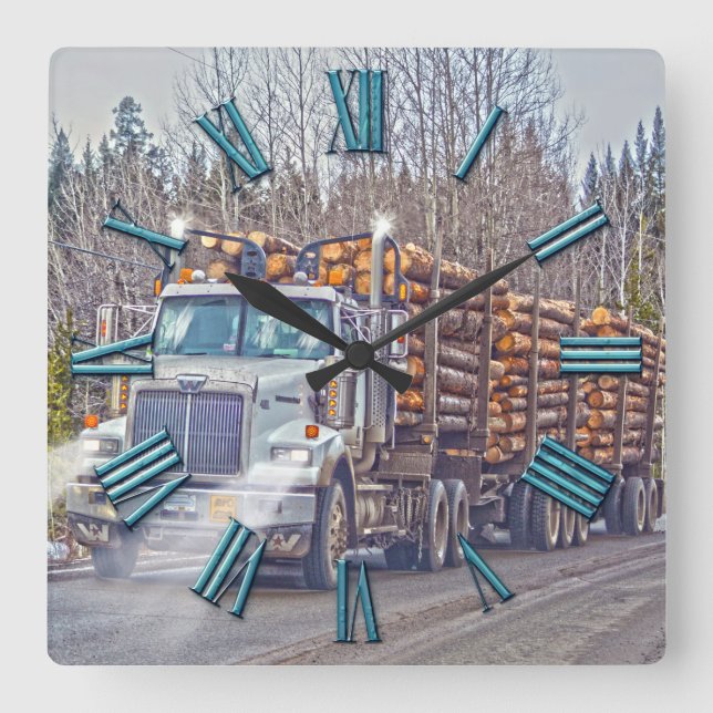 Relógio Quadrado White Logging Truck Lumber Mill Delivery Art (Frente)