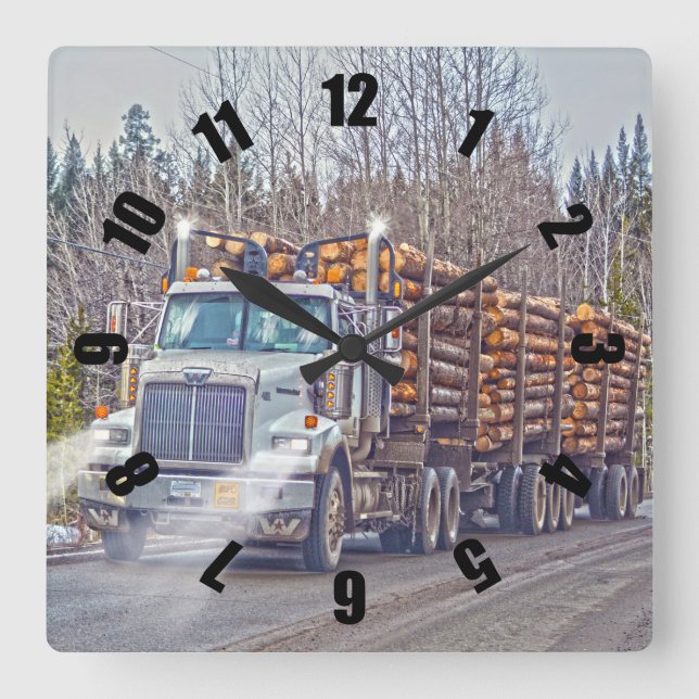 Relógio Quadrado White Logging Truck Lumber Mill Delivery Art (Frente)