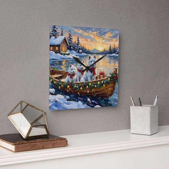 Relógio Quadrado White Samoyed Christmas Boat Holiday (Escritório)