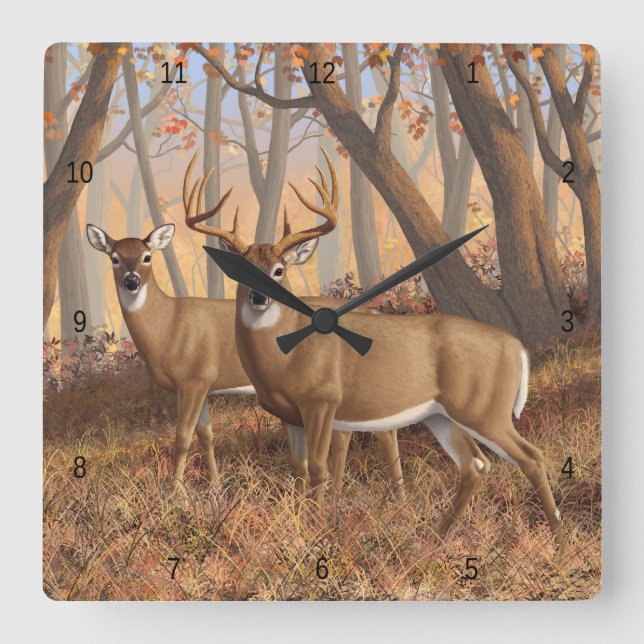 Relógio Quadrado Whitetail Deer Buck & Doe Autumn Mapods (Frente)
