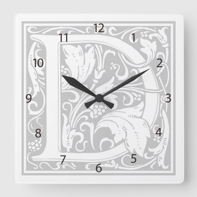 Relógio Quadrado William Morris Alphabet "D" Square Wall Clock (Frente)