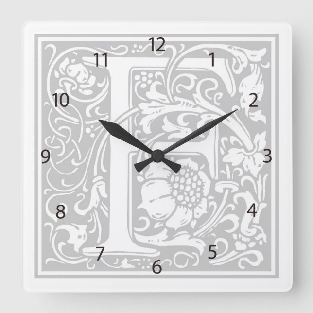Relógio Quadrado William Morris Alphabet "F" Square Wall Clock (Frente)