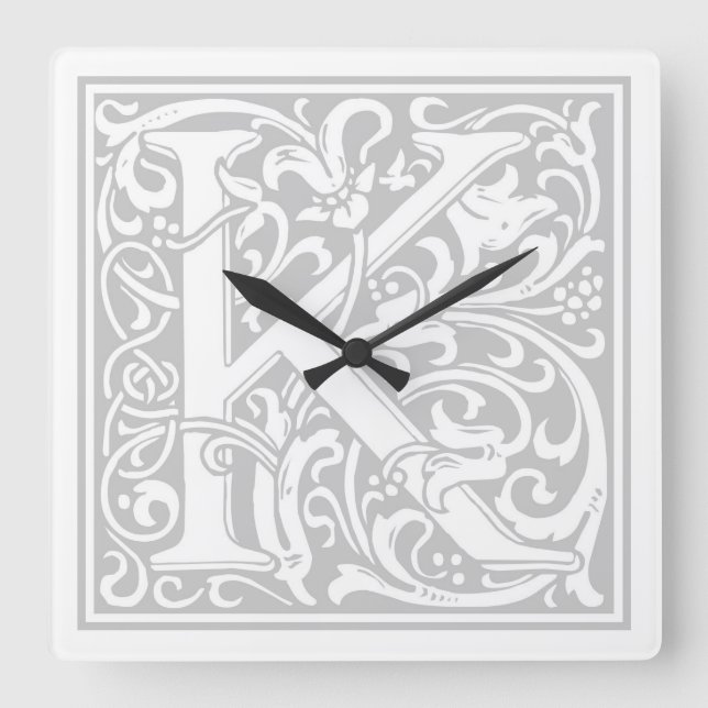 Relógio Quadrado William Morris Alphabet "K" Square Wall Clock (Frente)