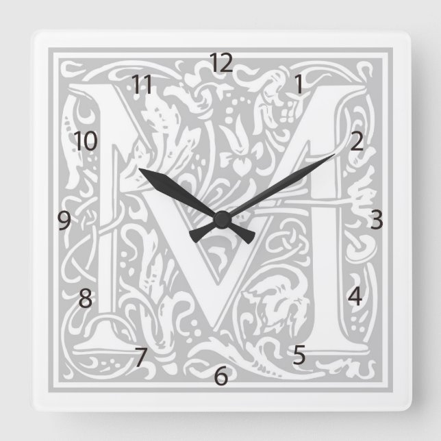 Relógio Quadrado William Morris Alphabet "M" Square Wall Clock (Frente)