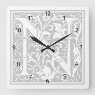Relógio Quadrado William Morris Alphabet "N" Square Wall Clock