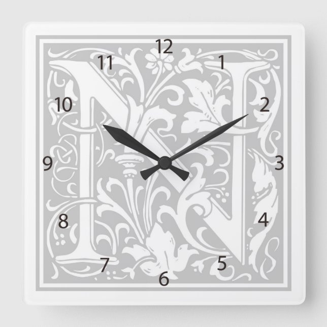 Relógio Quadrado William Morris Alphabet "N" Square Wall Clock (Frente)