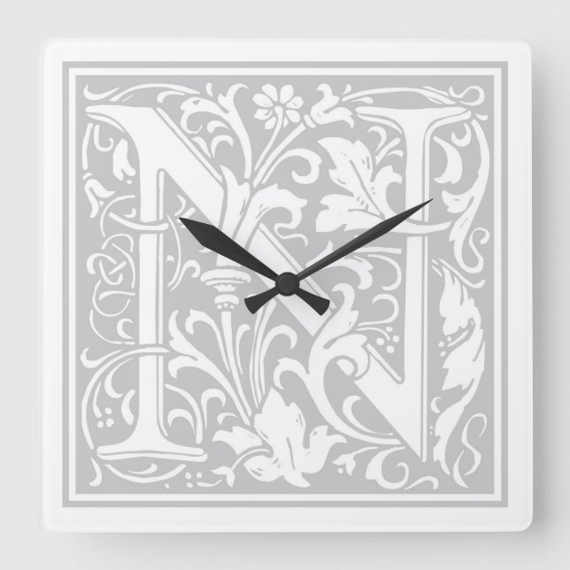 Relógio Quadrado William Morris Alphabet "N" Square Wall Clock (Frente)
