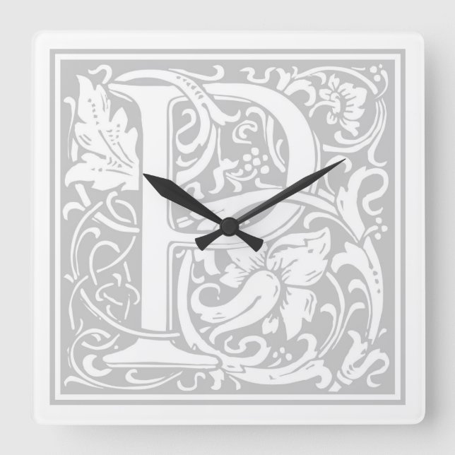 Relógio Quadrado William Morris Alphabet "P" Square Wall Clock (Frente)