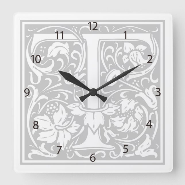 Relógio Quadrado William Morris Alphabet "T" Square Wall Clock (Frente)