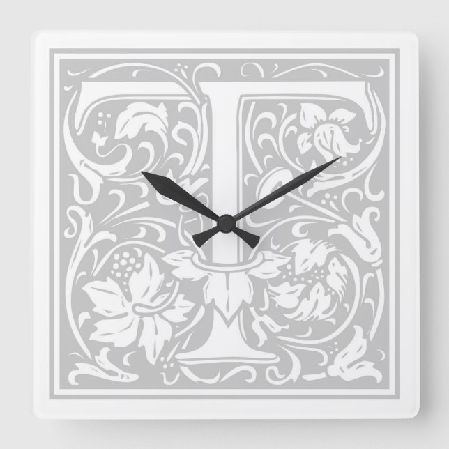 Relógio Quadrado William Morris Alphabet "T" Square Wall Clock (Frente)