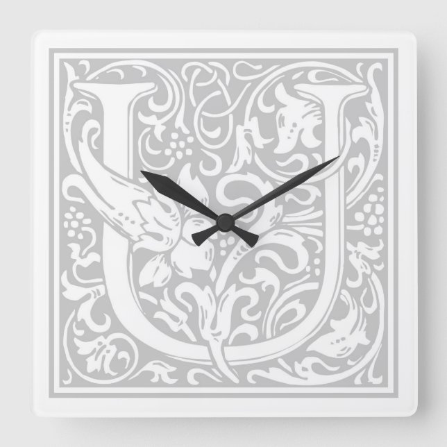 Relógio Quadrado William Morris Alphabet "U" Square Wall Clock (Frente)