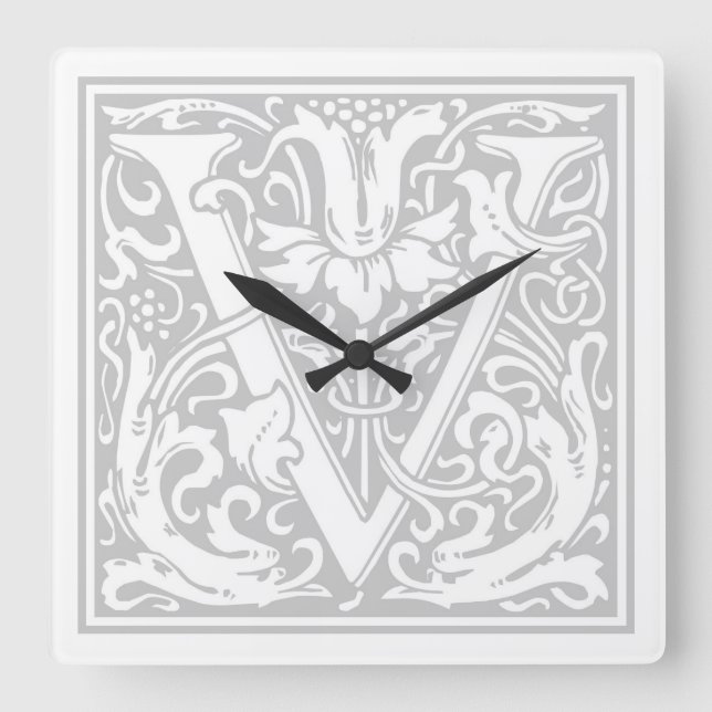 Relógio Quadrado William Morris Alphabet "V" Square Wall Clock (Frente)