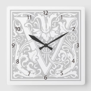 Relógio Quadrado William Morris Alphabet "V" Square Wall Clock