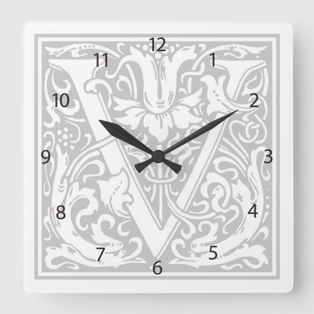 Relógio Quadrado William Morris Alphabet "V" Square Wall Clock (Frente)