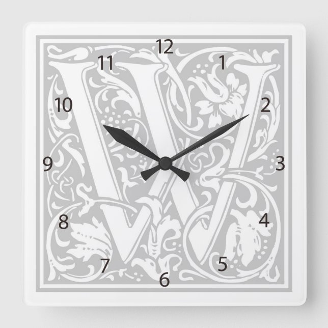 Relógio Quadrado William Morris Alphabet "W" Square Wall Clock (Frente)