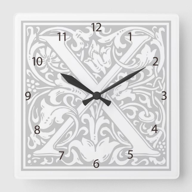 Relógio Quadrado William Morris Alphabet "X" Square Wall Clock (Frente)