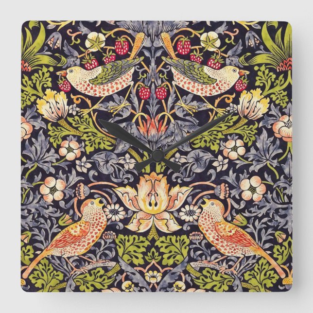 Relógio Quadrado William Morris Strawberry Thef Floral Art Nouveau (Frente)